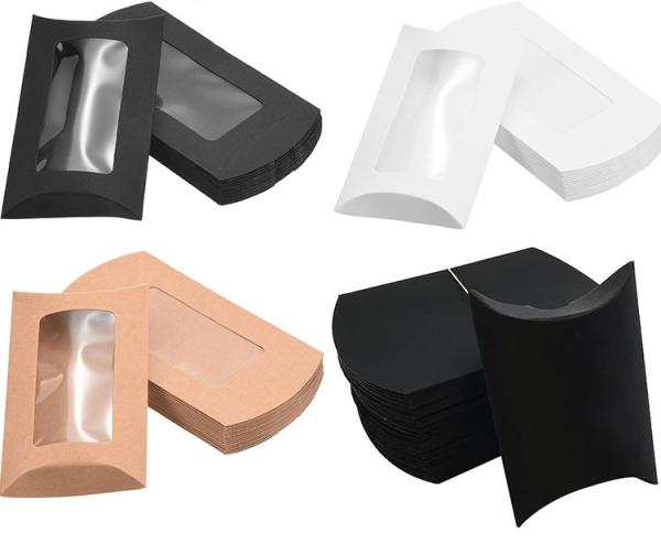 Boîtes en papier kraft créatives en forme d'oreiller avec fenêtre pour emballage de bonbons
