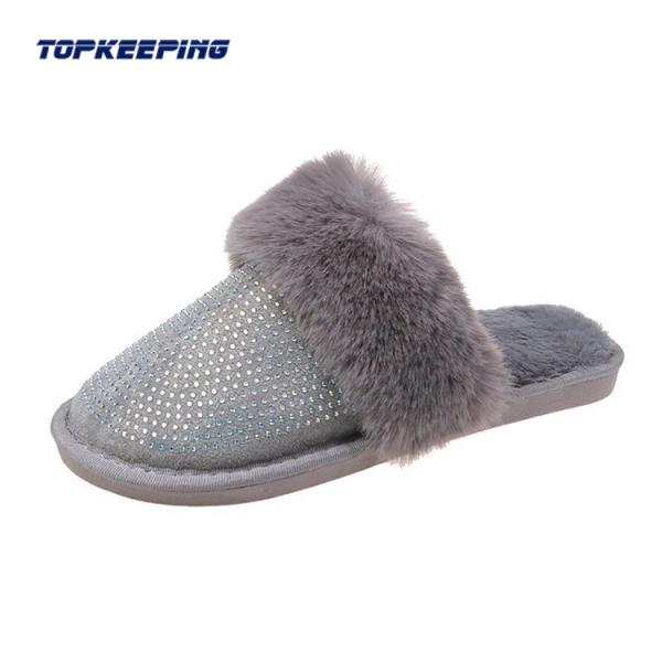 Diamond Decoration Open Heel Womens Faux Fur Slippers
