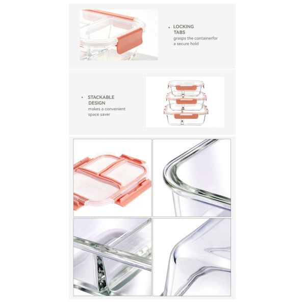 Leak-Proof Bento-Style Borosilicate Glass Food Container with Airtight Lid and Divided 3-Compartment Design for Supermarkets & Department Stores