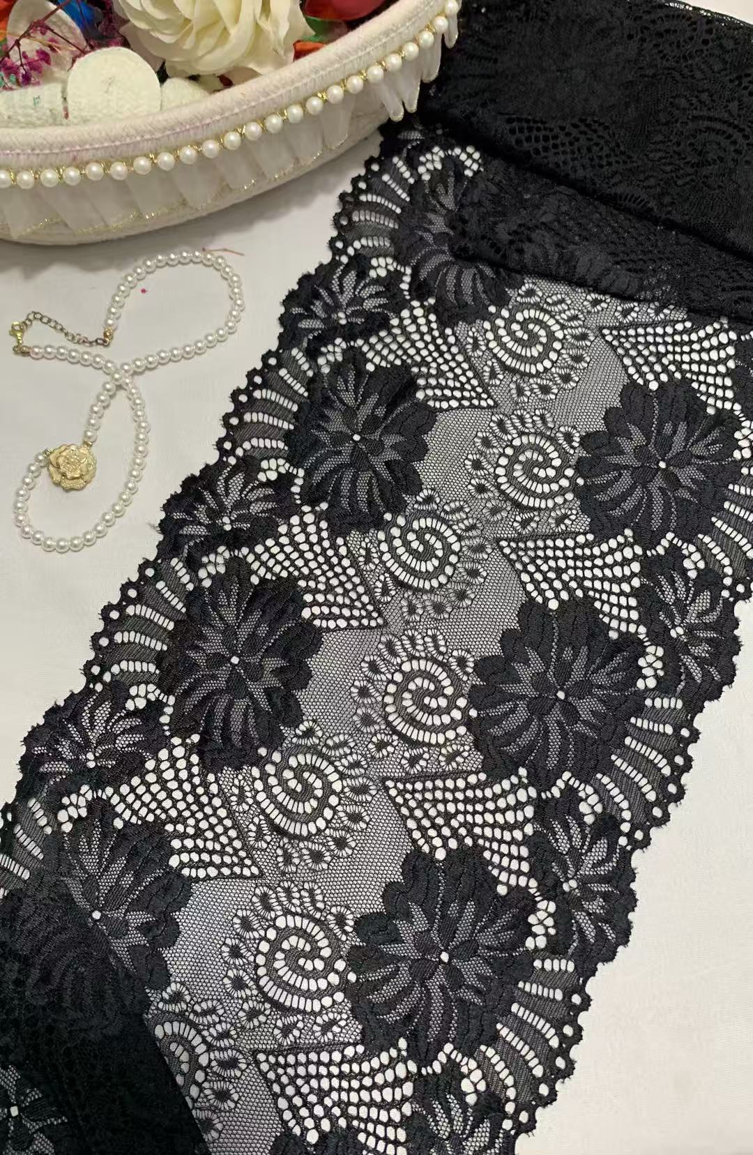 A1Z022 Black Big Floral Stretch Lace Trim, 23.5CM Double Scalloped Hollow Out Elastic Lace Ribbon For Lingerie Dress Sleepwear Decoration