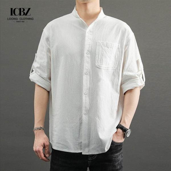 Camisa masculina formal de padrão sólido de manga longa Linho de algodão estilo chinês casaco solto