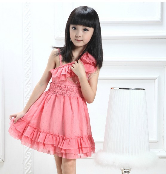 Платье партии маленьких девочек лета, один пинк 100% полиэфира плеча