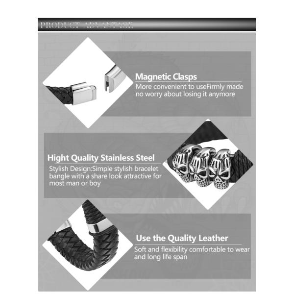 Customization fashion jewelry black leather bracelet magnetic stainless steel bracelet