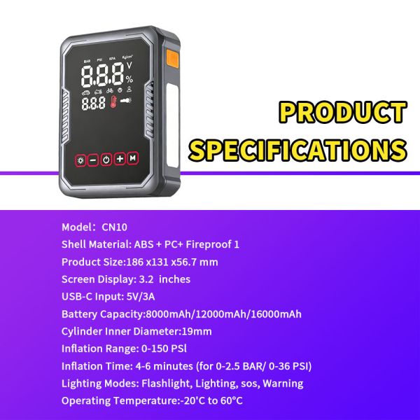 Portable 2400A Peak Current Car Jump Starter with 150PSI Air Compressor and 8000mAh Battery Booster for Cars SUVs Trucks