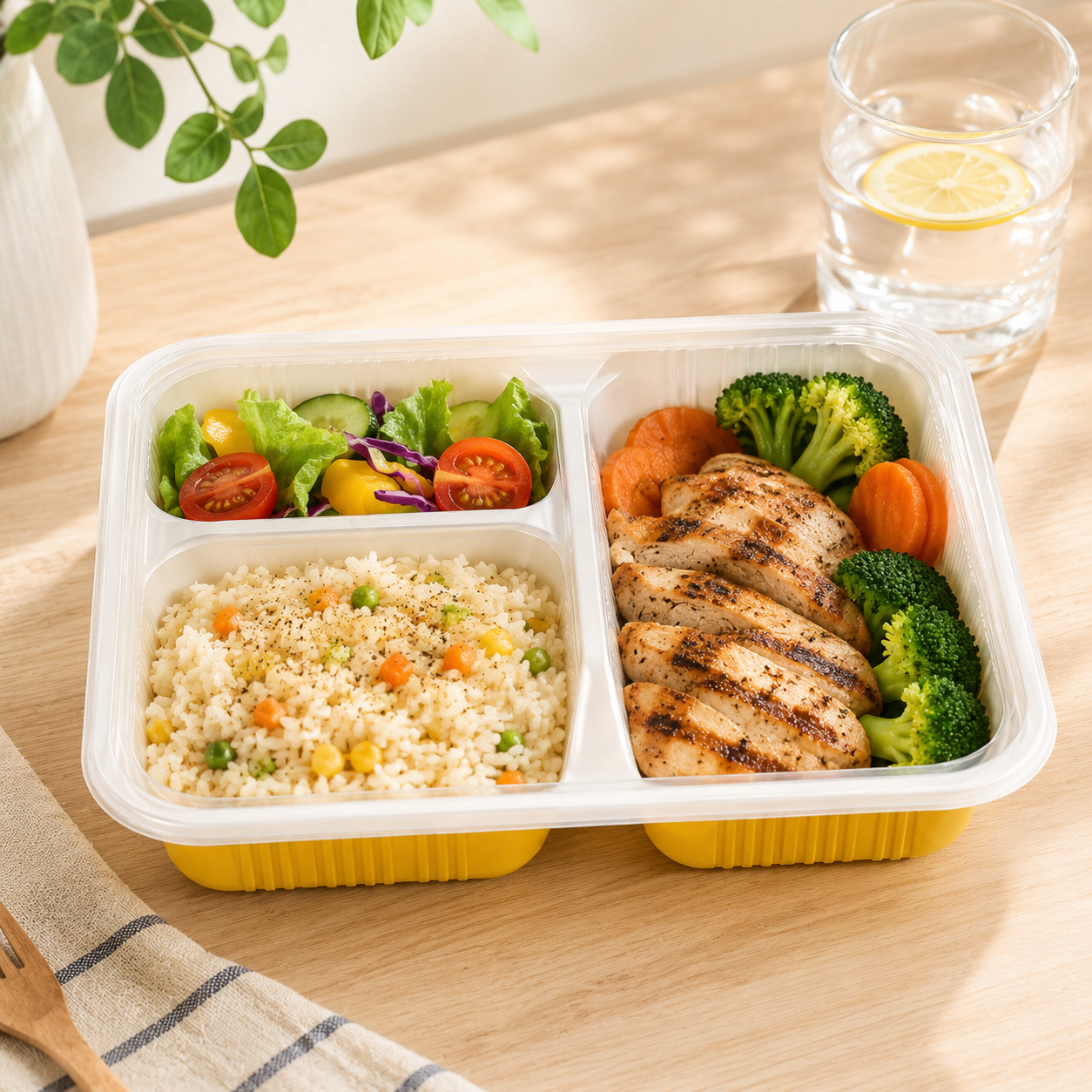 Clear Lid Multi Compartment Trays Three Section Yellow PP Food Container for Catering