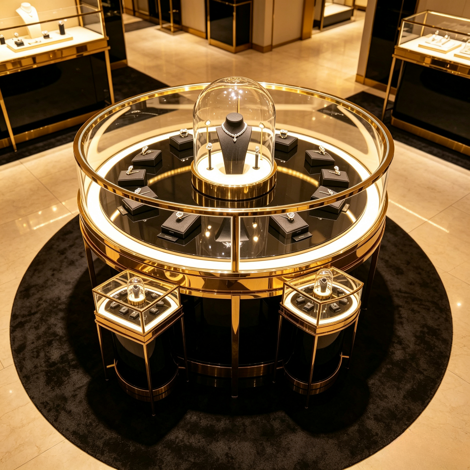 Luxurious Jewelry Display Case with LED Lighting, Glass Top, and Eco-Friendly Materials for Retail Stores