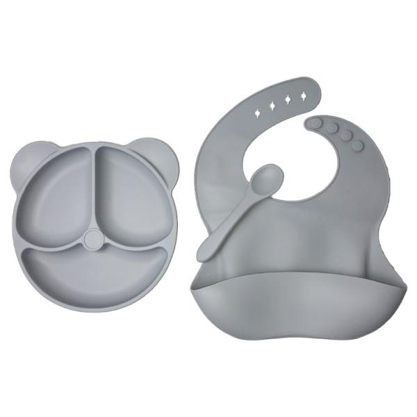 Food Plate Baby Dinnerware Silicone Feeding Set Customized Sizes Grey Bear Shape 3Pcs