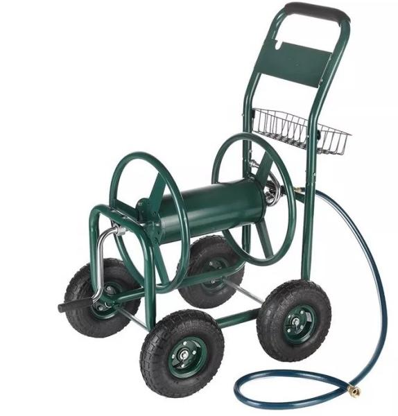 Stainless Steel Water Hose Reel on 4 Wheel Cart for House Cleaning and Flower Watering