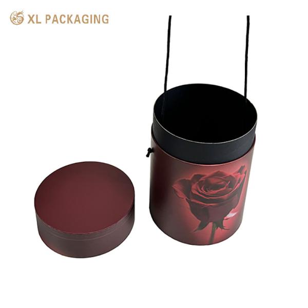 Luxury Rose Flower Paper Tube Box with Custom Rose Artwork Black Rope Handle and Burgundy Red Matte Finish