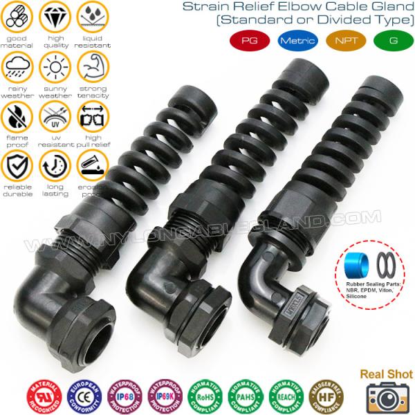 Prensaestopas de codo en plástico nailon (ángulo recto) PG y métrico IP68 con protector flexible espiral