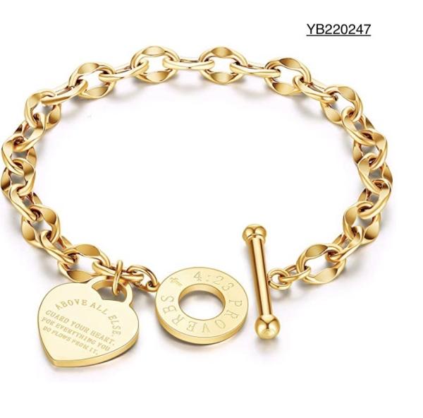 20cm Texture Stainless Steel Bangle Heart Buckle Thick Gold Chain Bracelet Womens