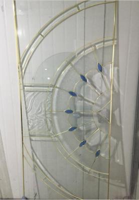 golden brass caming decorative door glass with blue bevel