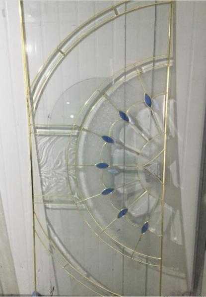 golden brass caming decorative door glass with blue bevel
