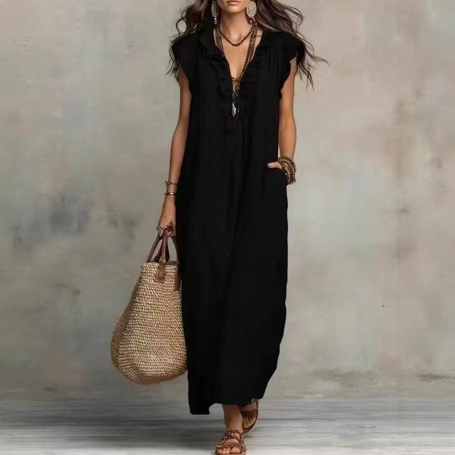 European Style Cotton Linen Dress with Breathable Fabric, Flowy Ruffle Sleeves, and Flattering V-Neck for Summer