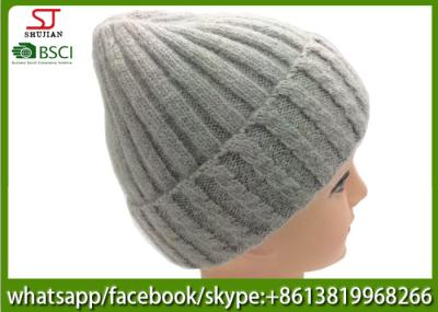 Chinese manufactuer knitting stripe beanie winter hats 45%cony hair 15%wool 40%Acrylic104g 20*21cm light grey best price