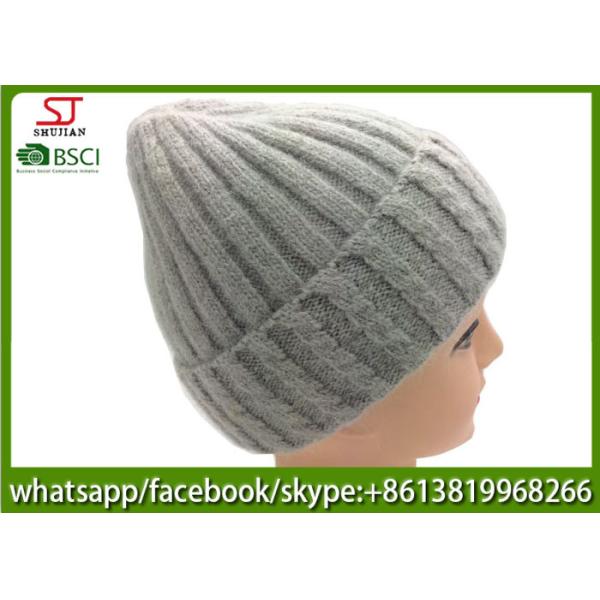 Chinese manufactuer knitting stripe beanie winter hats 45%cony hair 15%wool 40%Acrylic104g 20*21cm light grey best price