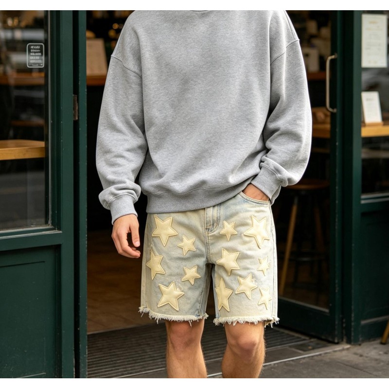 Custom Men's Distressed Denim Shorts Loose Baggy Jorts Summer Casual Patch Star Streetwear Denim Short Designer Jeans for Men