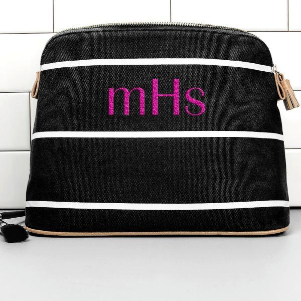 Personalized Blue Stripe Cotton Canvas Cosmetic Bag Bag