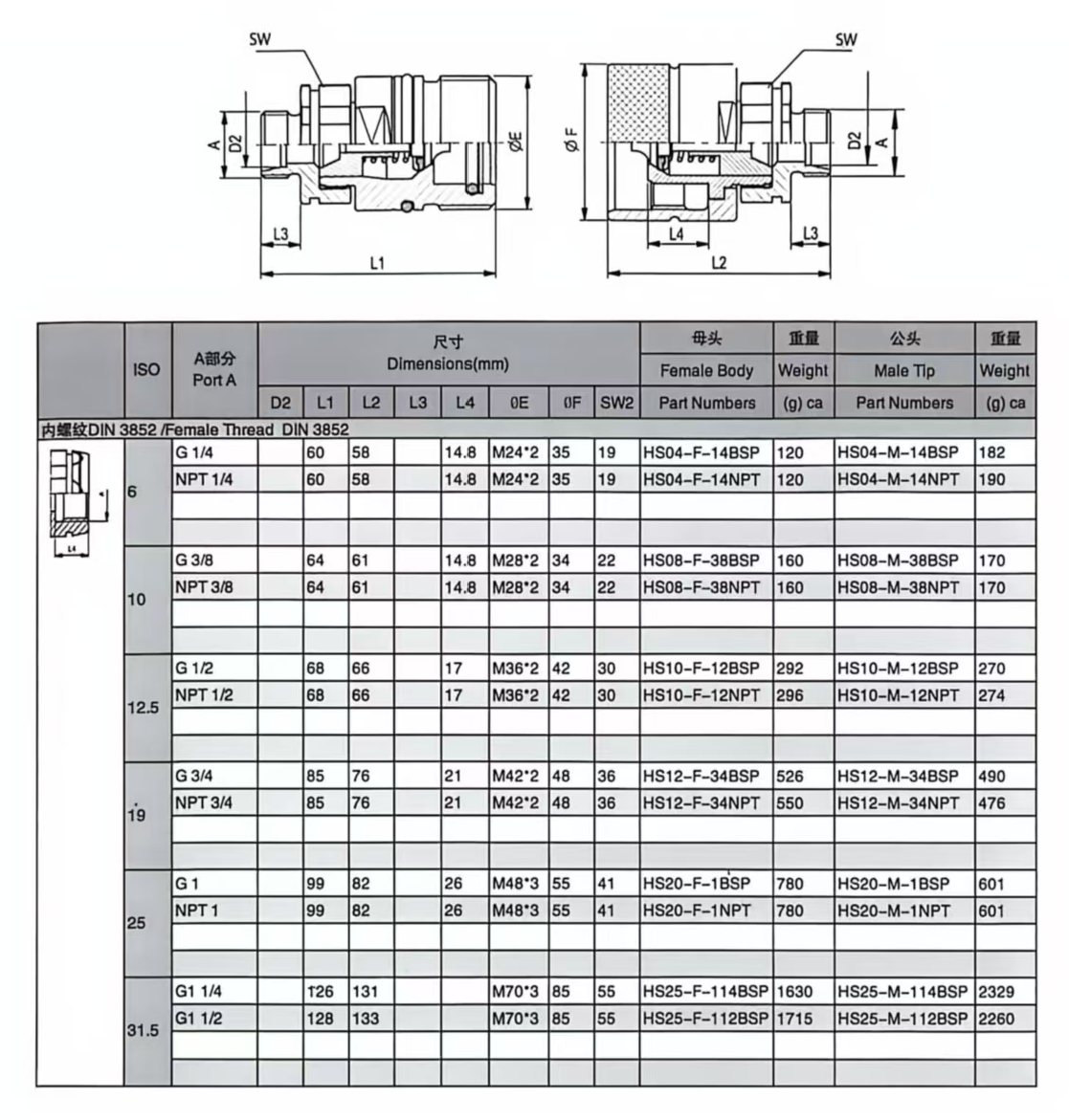 HS Series ISO 14541 Hydraulic Couplings 300–450 Bar Thread-to-Connect Cone Valve Fittings