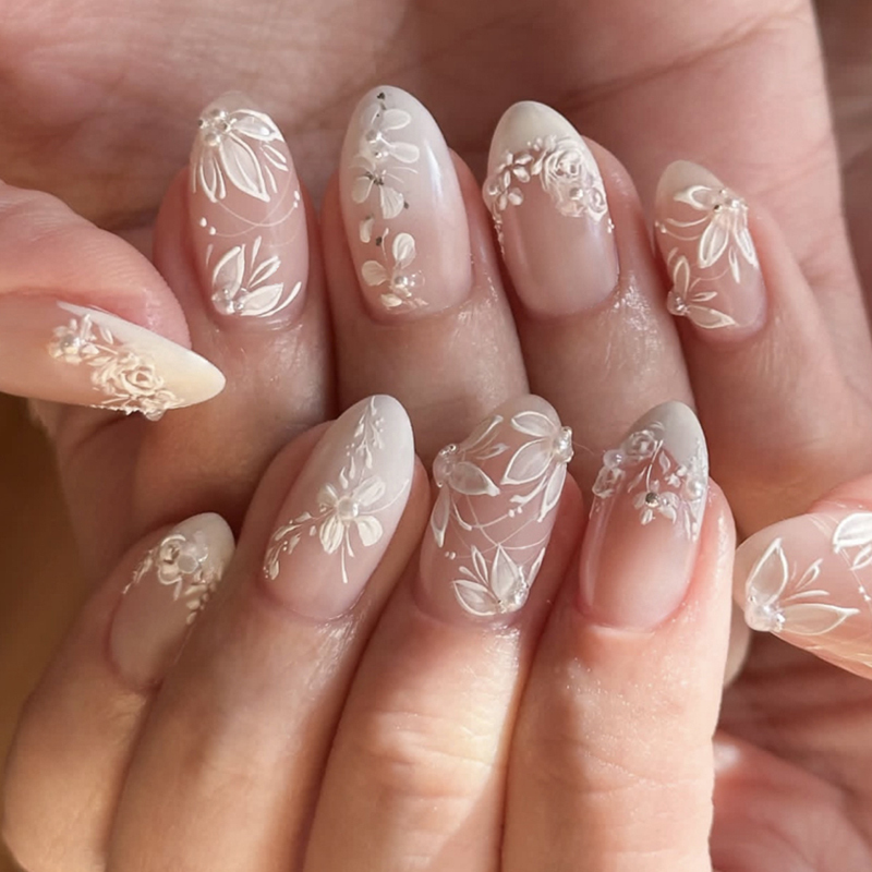 3D Flower French Manicure Fake Nails With Rhinestone Reusable
