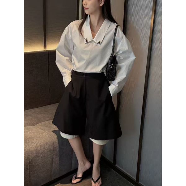 Spring and summer hot casual fashion 100% pure cotton navy blue and white architectural style pleated striped shirt