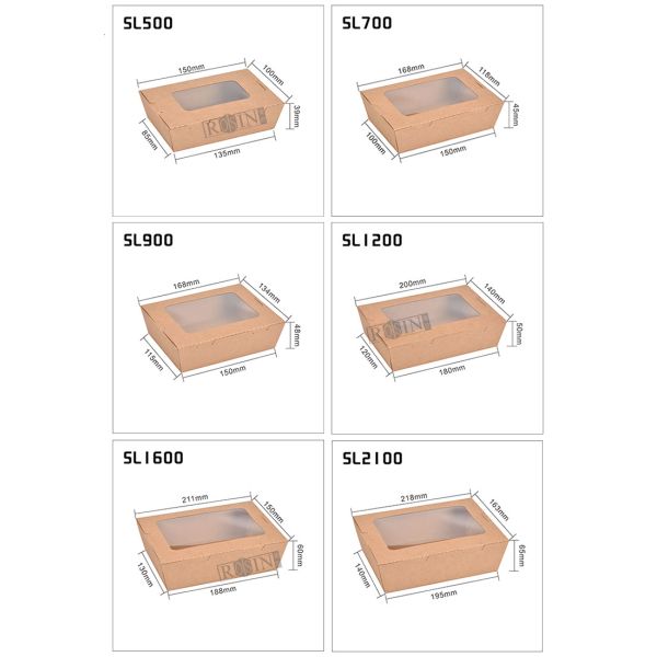 500ml to 2100ml Rectangle Box Kraft Paper Disposable Food Trays with Window for Fried Food