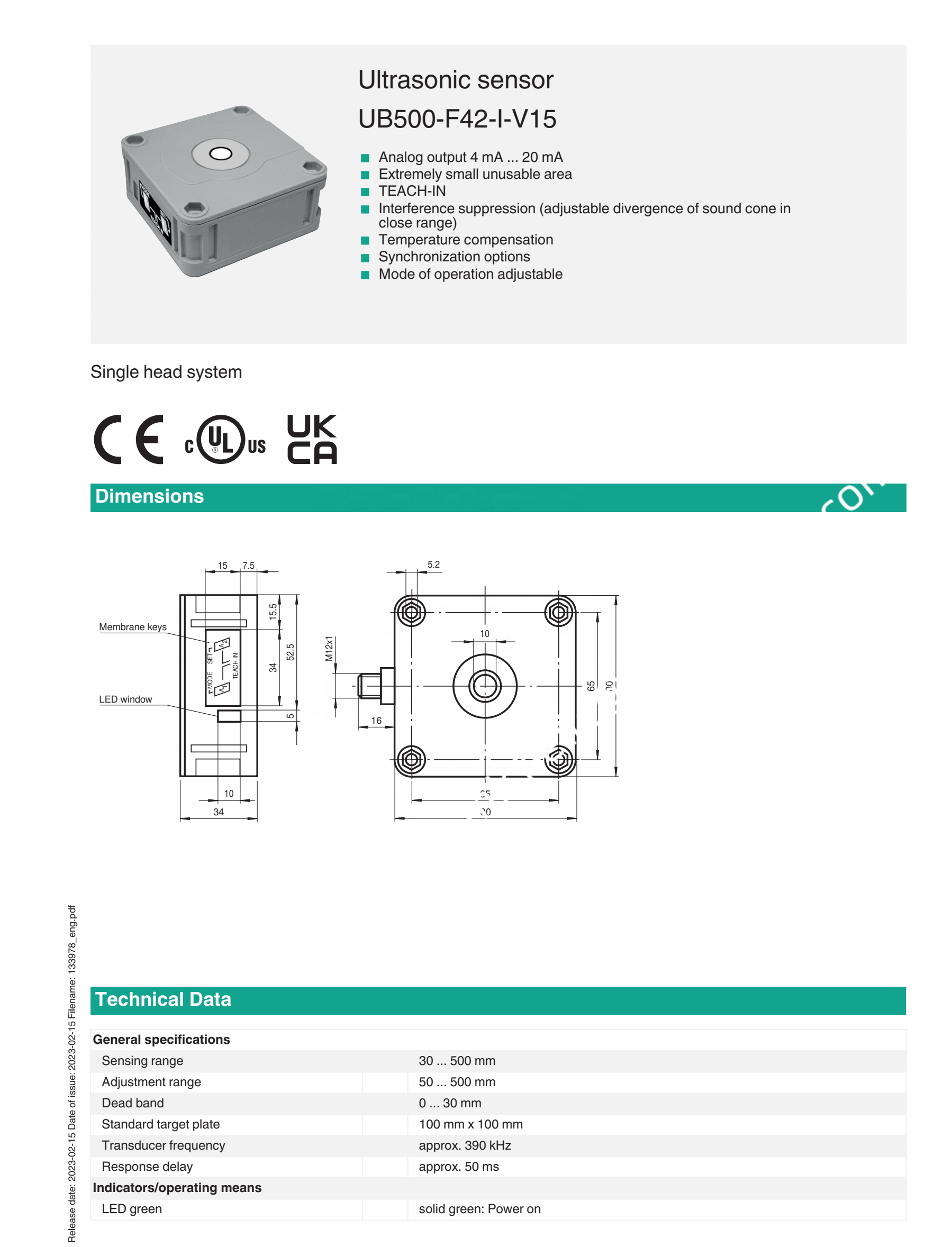 PEPPERL+FUCHS UB500-F42-I-V15 Ultrasonic Sensor with Plastic Material and Universal Motor Type for Power Station Applications