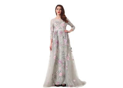Three Quarter Arabic Evening Dresses , Embroidery Tulle Fabric Ladies Prom Dress