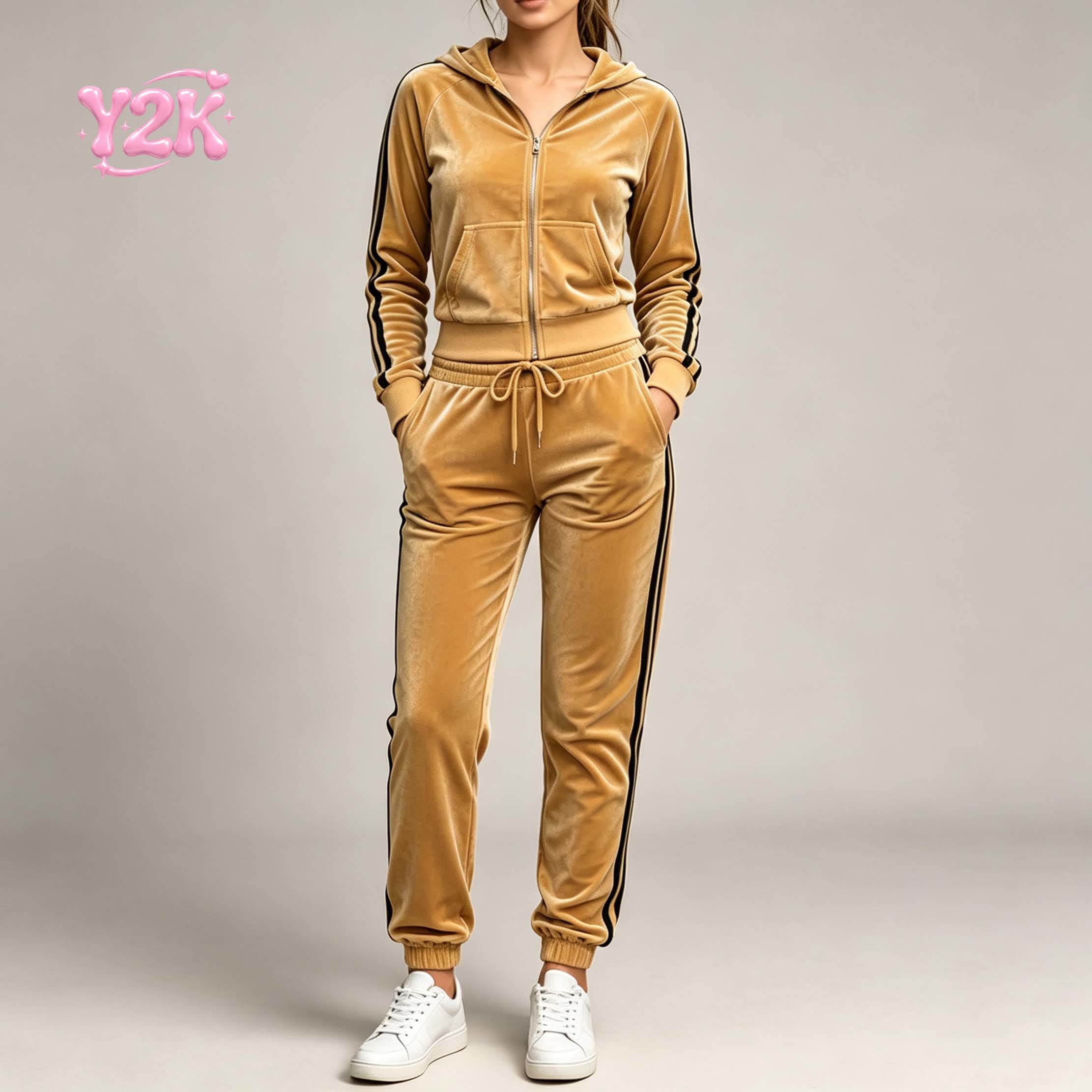Custom Women's Side Stripe Velour Hoodie Jogger Tracksuit Set