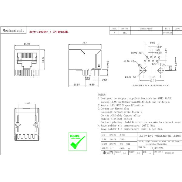 3070-110204 Magnetic RJ45 Jack 10 / 100M LPJ4012DNL Network Routers Switches