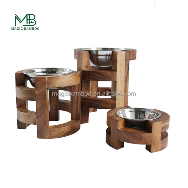 Make Pet Eat Elevated Bamboo Wooden Pet Food Feeder With Stainless Steel Bowls Single Tier