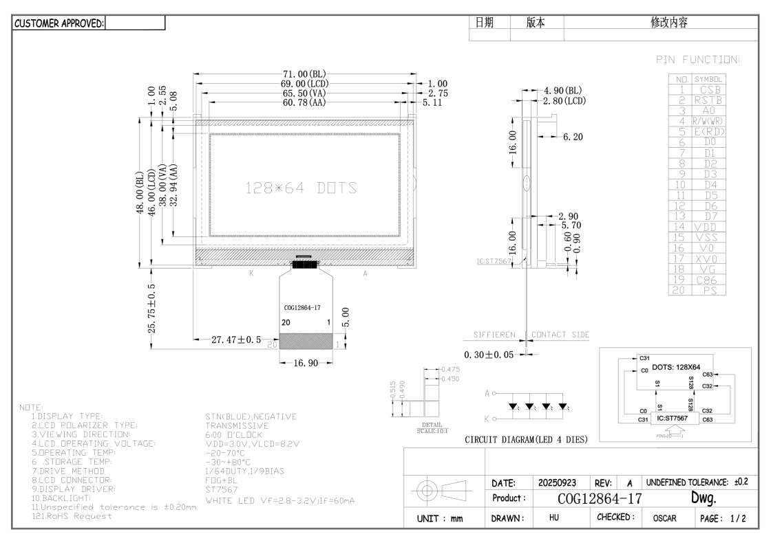 COG12864-17 128x64 Dots STN Blue Negative Transmissive LCD Module with Wide Temperature Range