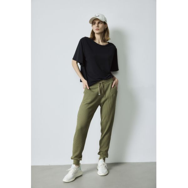 Black Casual Short Sleeve Shirts Olive Green Ribbed Drawstring Jogger Pants Set