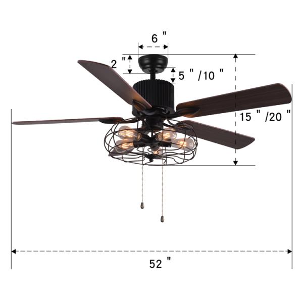 52 Inch Decorative 5 Vane 18w Pull Chain Ceiling Fan Light