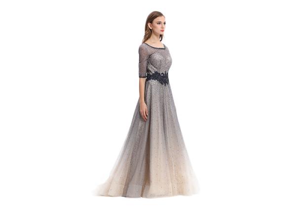 Gradient Ramp Half Sleeve Formal Dresses , Sequined Sash Long Formal Dresses