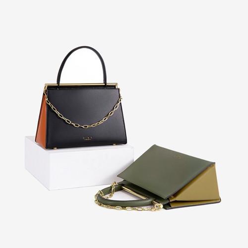 Hit Color Green Leather Briefcase 24cm Triangle Shaped Handbags