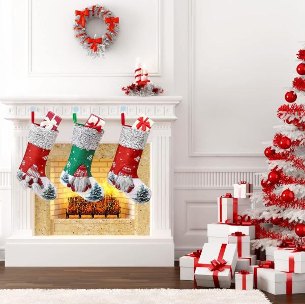 Christmas Stockings 3Pack, 18 Large 3D Gnome Santa Xmas Stockings Decorations with Plush Faux Fur Cuff,