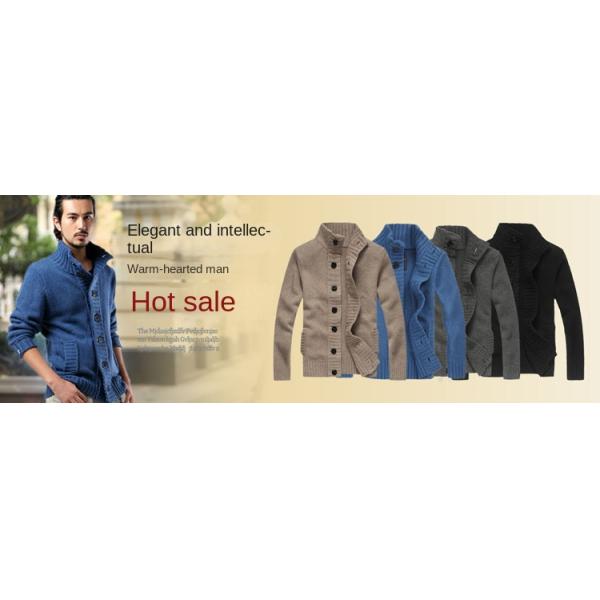 Autumn Winter Men's Stand Collar Sweater with Thick Needle and Single Breasted Buckle