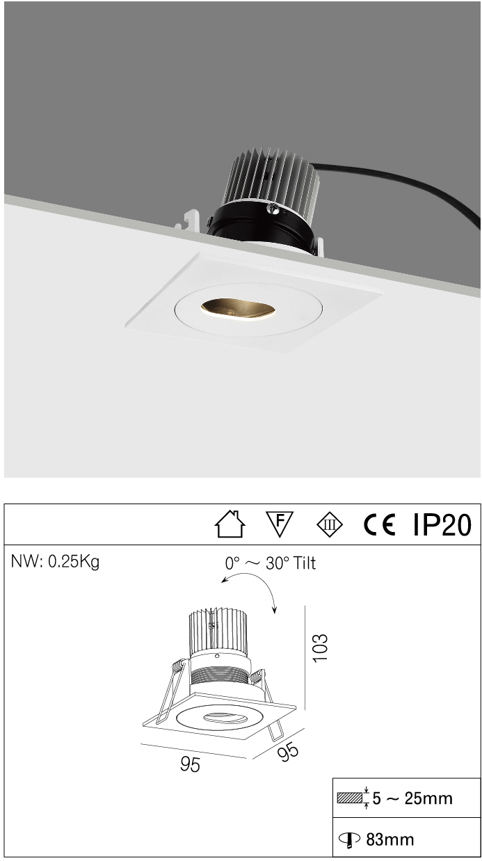 Square Face Cover Adjustable LED Recessed Downlight 37V 250mA 10W Ra80