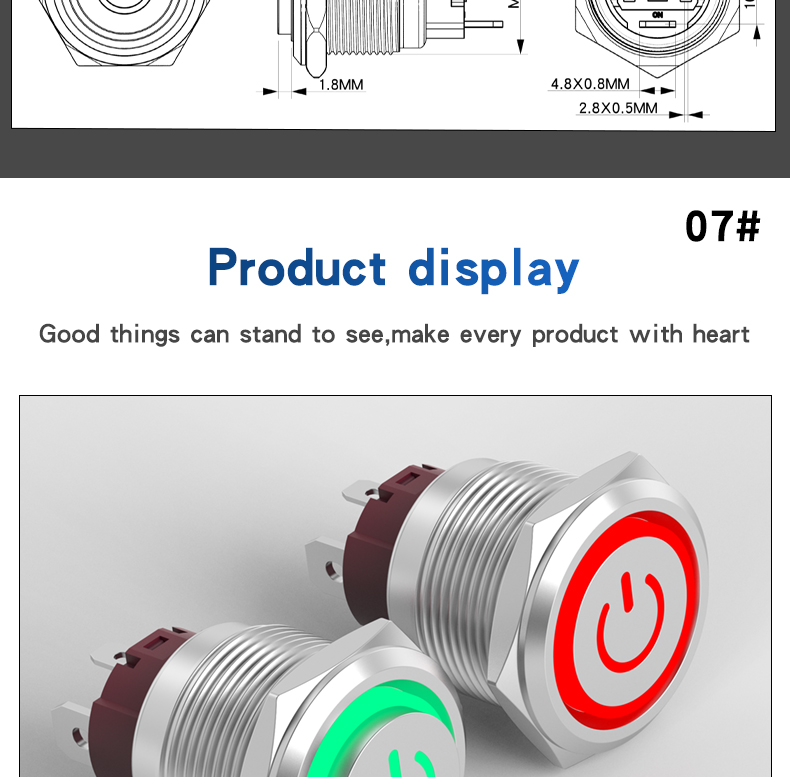 15A High Current Short Style IP65 Alumina Push Button Switch 19mm Self-Locking with LED 1NO 4-Pins with Wire