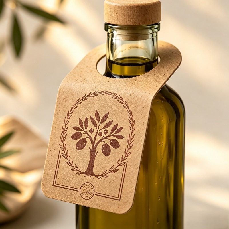 Custom recycled pulp paper olive oil neck tag for artisan cruets