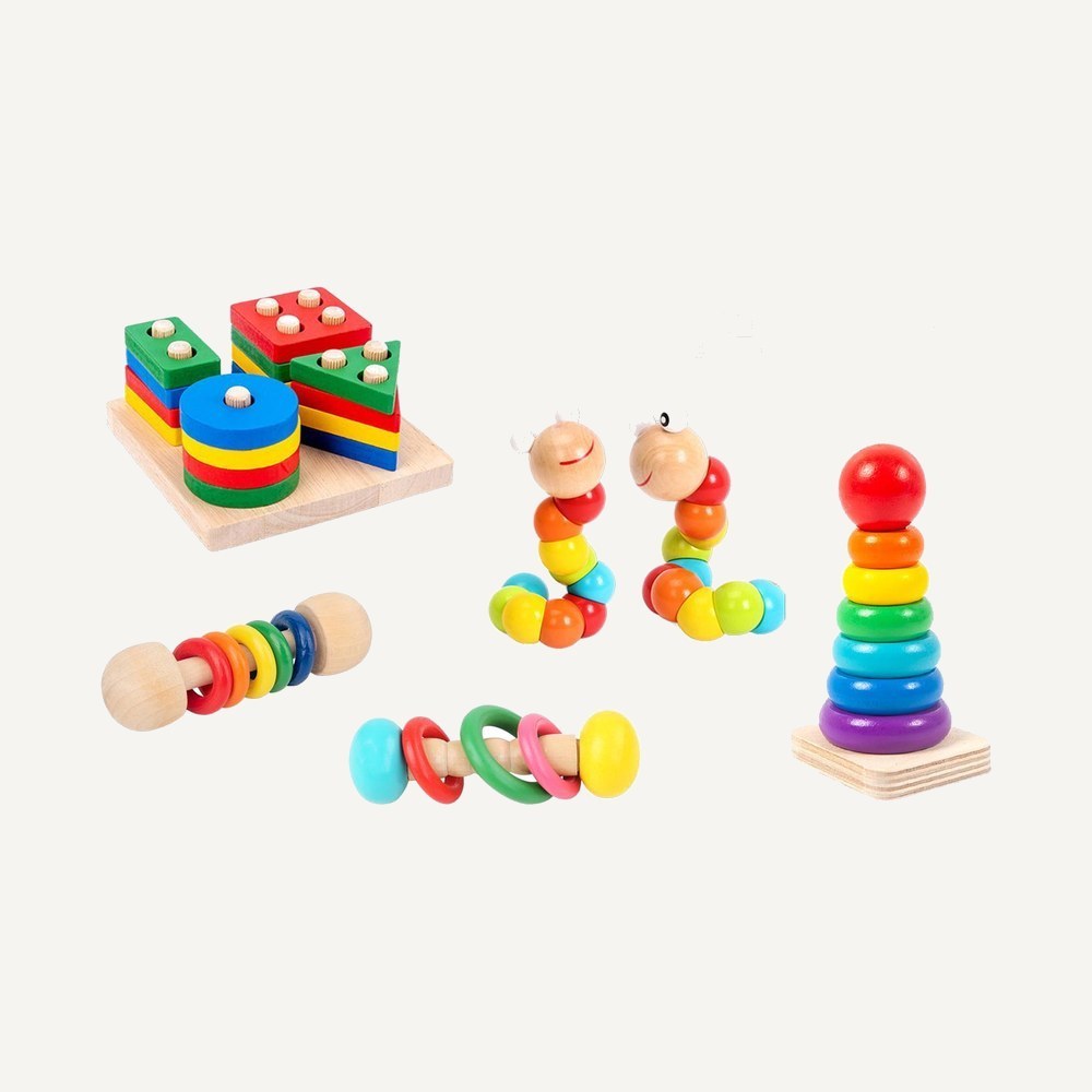 Wooden Stacking and Rattle Toy Set for Babies