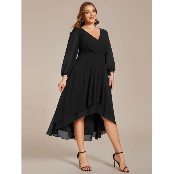 Plus Size Ruffled A-line Long Sleeve V-neck High Low Wedding Guest Navy Blue Chiffon Bridesmaid Dress