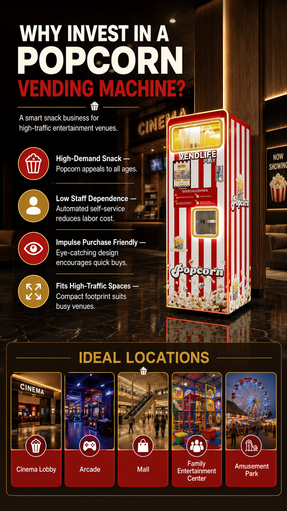 Commercial Automatic Popcorn Vending Machine 24 Hours Unattended Self Service Cinema Popcorn Maker Multi Flavor Popcorn Dispenser For Mall Arcade Amusement Park Customizable