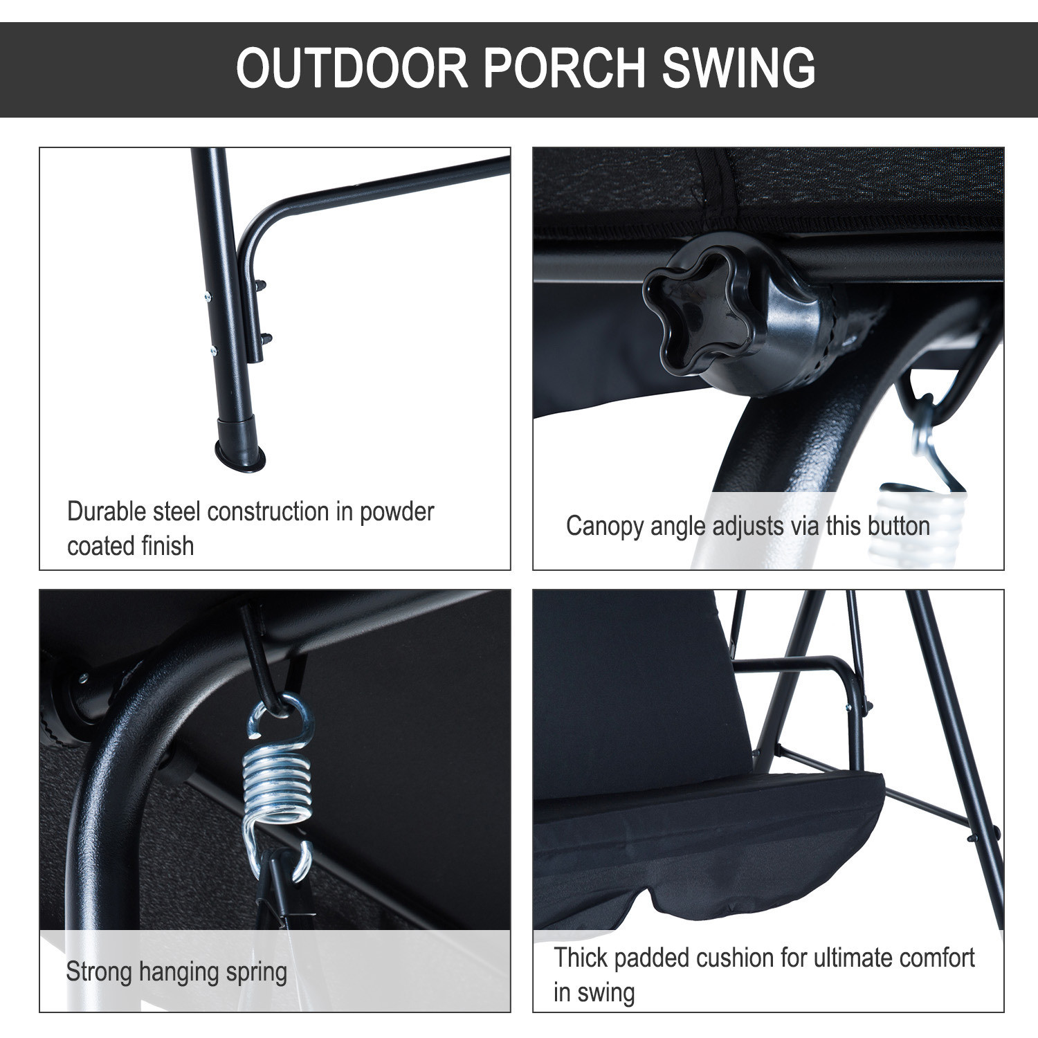Polyester Cushion AJUNION 3-seater Garden Hanging Swing Chair with Metal and Canopy