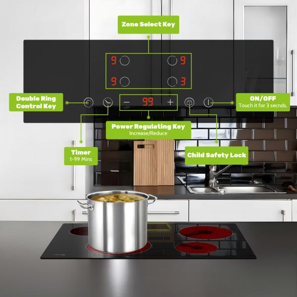 30 Inch Electric Cooktop 220-240V Built-In Ceramic Cooktop Stove Top 4 Burners 6900W
