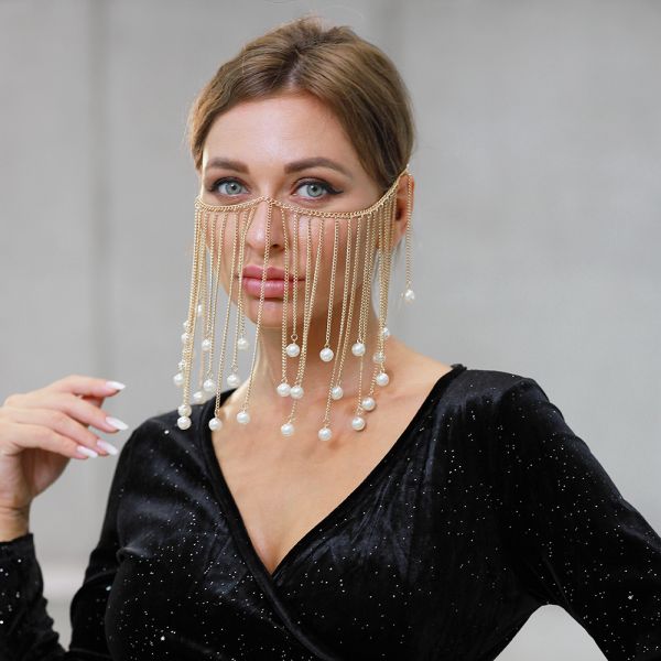 Ins Pearl Mask Vintage Alloy Head Chain European and American Hair Accessories Half Mask Headwear Party Fashion Mask
