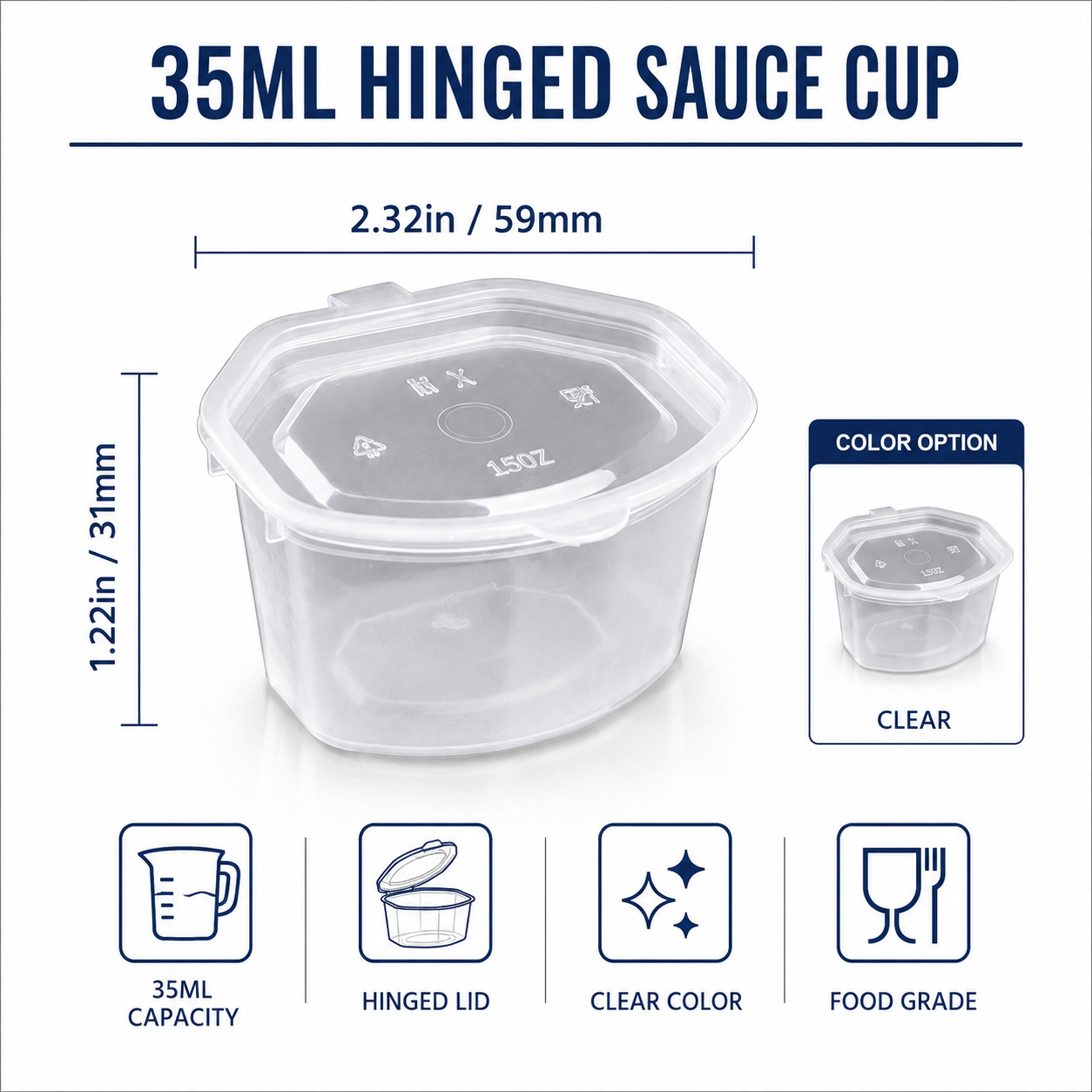 35ml Clear Round PP Disposable Hinged Sauce Cup for Dips Salsa Toppings