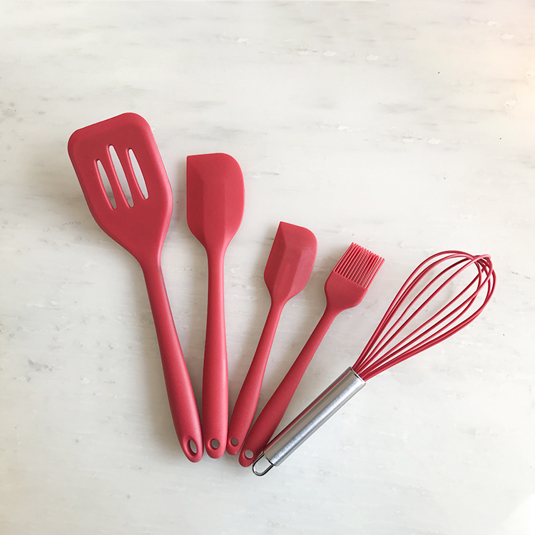 Silicone Kitchenware Set 5-Piece Baking Tool Spatula Oil Brush Egg Beater Cooking Spoon Dishwasher Safe Non-Stick