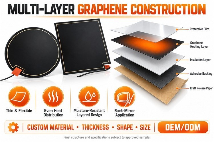 Graphene Mirror Defogger Heating Pad, Custom Shape Size Voltage, Moisture-Resistant Flexible Film for Bathroom Mirrors